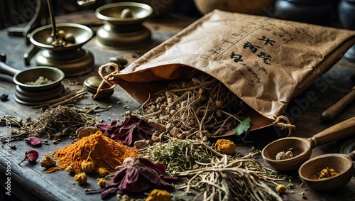 Spilled Herbal Medicine from Paper Bag with Scales and Weights on Rustic Table