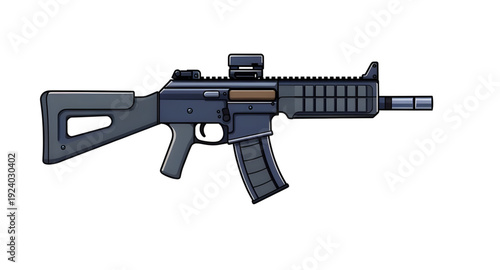 assault, rifle, firearm, gun, weapon, cartoon, illustration, isolated, white, military, combat, army, tactical, shooter, battle, defense, war, ammo, magazine, barrel, trigger, stock, sight, modern, au