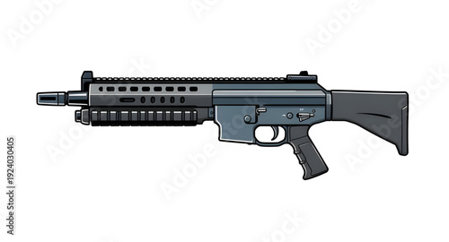 assault, rifle, firearm, gun, weapon, cartoon, illustration, isolated, white, military, combat, army, tactical, shooter, battle, defense, war, ammo, magazine, barrel, trigger, stock, sight, modern, au