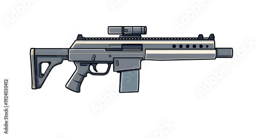 assault, rifle, firearm, gun, weapon, cartoon, illustration, isolated, white, military, combat, army, tactical, shooter, battle, defense, war, ammo, magazine, barrel, trigger, stock, sight, modern, au