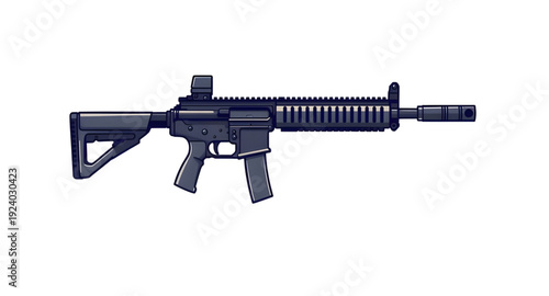 firearm, assault, rifle, gun, weapon, cartoon, illustration, isolated, white, military, army, combat, tactical, shooter, battle, defense, war, ammo, magazine, barrel, trigger, stock, sight, modern, au
