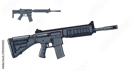 firearm, assault, rifle, gun, weapon, cartoon, illustration, isolated, white, military, army, combat, tactical, shooter, battle, defense, war, ammo, magazine, barrel, trigger, stock, sight, modern, au