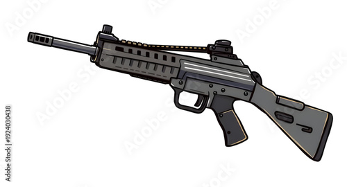 firearm, assault, rifle, gun, weapon, cartoon, illustration, isolated, white, military, army, combat, tactical, shooter, battle, defense, war, ammo, magazine, barrel, trigger, stock, sight, modern, au
