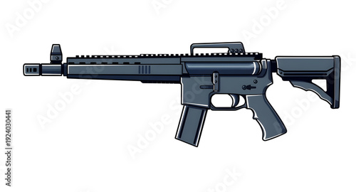 weapon, rifle, assault, gun, firearm, cartoon, illustration, isolated, white, military, combat, army, tactical, shooter, battle, defense, war, ammo, magazine, barrel, trigger, stock, sight, modern, au