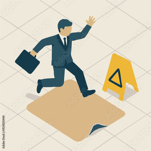 Businessman tripping over loose carpet in office hall