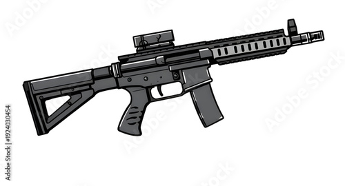 weapon, rifle, assault, gun, firearm, cartoon, illustration, isolated, white, military, combat, army, tactical, shooter, battle, defense, war, ammo, magazine, barrel, trigger, stock, sight, modern, au