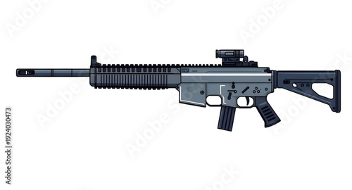 weapon, rifle, assault, gun, firearm, cartoon, illustration, isolated, white, military, combat, army, tactical, shooter, battle, defense, war, ammo, magazine, barrel, trigger, stock, sight, modern, au