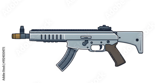 gun, assault, rifle, weapon, firearm, cartoon, illustration, isolated, white, military, army, combat, tactical, shooter, battle, defense, war, ammo, magazine, barrel, trigger, stock, sight, modern, au