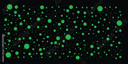 An unpredictable arrangement of numerous bright green circles of different sizes spread across a dark black surface