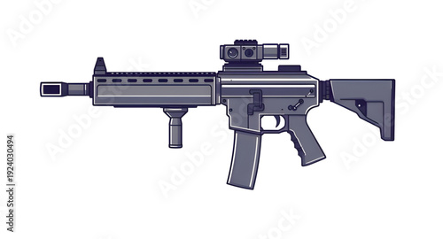 gun, assault, rifle, weapon, firearm, cartoon, illustration, isolated, white, military, army, combat, tactical, shooter, battle, defense, war, ammo, magazine, barrel, trigger, stock, sight, modern, au