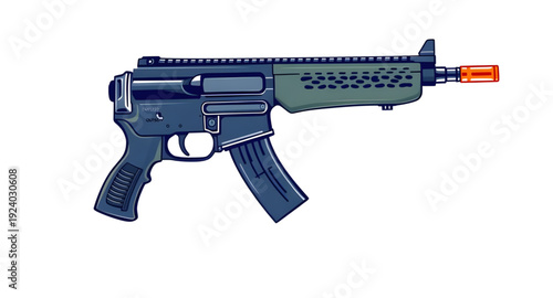 weapon, assault, rifle, gun, firearm, cartoon, illustration, isolated, white, military, army, combat, tactical, shooter, battle, defense, war, ammo, magazine, barrel, trigger, stock, sight, modern, au