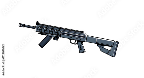 weapon, assault, rifle, gun, firearm, cartoon, illustration, isolated, white, military, army, combat, tactical, shooter, battle, defense, war, ammo, magazine, barrel, trigger, stock, sight, modern, au