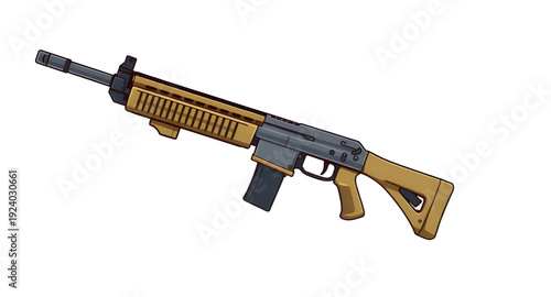weapon, assault, rifle, gun, firearm, cartoon, illustration, isolated, white, military, army, combat, tactical, shooter, battle, defense, war, ammo, magazine, barrel, trigger, stock, sight, modern, au