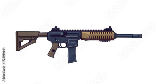 gun, rifle, assault, weapon, firearm, cartoon, illustration, isolated, white, military, combat, army, tactical, shooter, battle, defense, war, ammo, magazine, barrel, trigger, stock, sight, modern, au