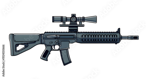 gun, rifle, assault, weapon, firearm, cartoon, illustration, isolated, white, military, combat, army, tactical, shooter, battle, defense, war, ammo, magazine, barrel, trigger, stock, sight, modern, au
