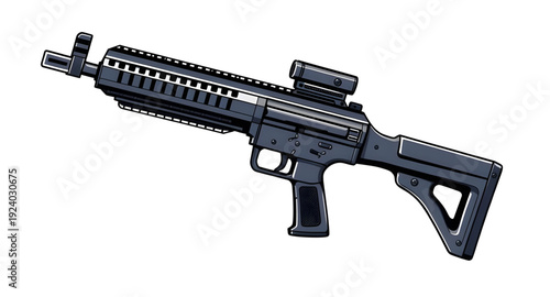 gun, rifle, assault, weapon, firearm, cartoon, illustration, isolated, white, military, combat, army, tactical, shooter, battle, defense, war, ammo, magazine, barrel, trigger, stock, sight, modern, au