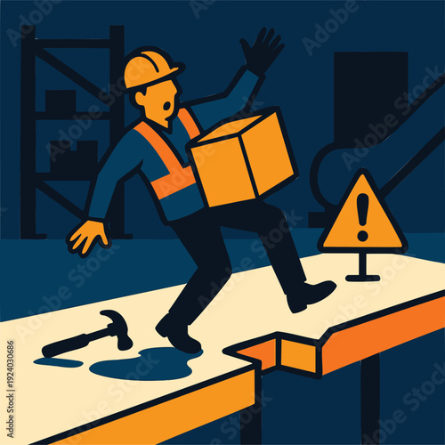 Worker slips on wet surface carrying box