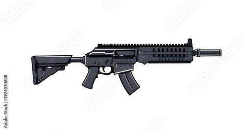 gun, rifle, assault, weapon, firearm, cartoon, illustration, isolated, white, military, combat, army, tactical, shooter, battle, defense, war, ammo, magazine, barrel, trigger, stock, sight, modern, au