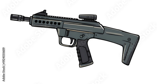 rifle, assault, gun, weapon, firearm, cartoon, illustration, isolated, white, military, army, combat, tactical, shooter, battle, defense, war, ammo, magazine, barrel, trigger, stock, sight, modern, au