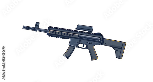 rifle, assault, gun, weapon, firearm, cartoon, illustration, isolated, white, military, army, combat, tactical, shooter, battle, defense, war, ammo, magazine, barrel, trigger, stock, sight, modern, au