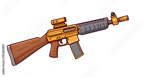 gun, assault, rifle, weapon, firearm, cartoon, illustration, isolated, white, military, army, combat, tactical, shooter, battle, defense, war, ammo, magazine, barrel, trigger, stock, sight, modern, au