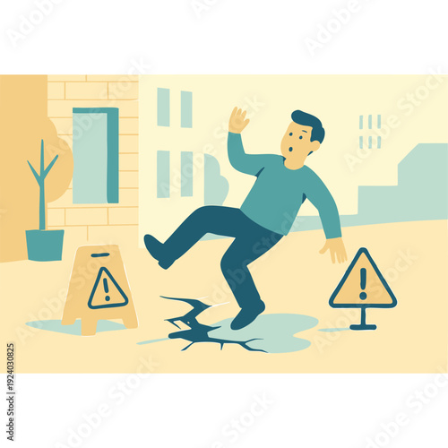 Person falls on cracked pavement hazard sign