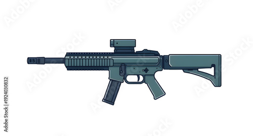 rifle, gun, assault, weapon, firearm, cartoon, illustration, isolated, white, military, combat, army, tactical, shooter, battle, defense, war, ammo, magazine, barrel, trigger, stock, sight, modern, au