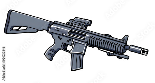 rifle, gun, assault, weapon, firearm, cartoon, illustration, isolated, white, military, combat, army, tactical, shooter, battle, defense, war, ammo, magazine, barrel, trigger, stock, sight, modern, au