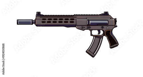 rifle, gun, assault, weapon, firearm, cartoon, illustration, isolated, white, military, combat, army, tactical, shooter, battle, defense, war, ammo, magazine, barrel, trigger, stock, sight, modern, au