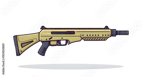rifle, gun, assault, weapon, firearm, cartoon, illustration, isolated, white, military, combat, army, tactical, shooter, battle, defense, war, ammo, magazine, barrel, trigger, stock, sight, modern, au