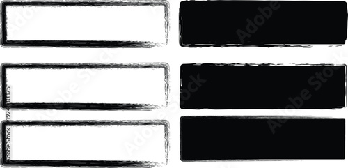 Six distinct black paint brush stroke rectangles and frames on a crisp white backdrop