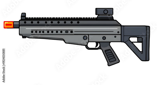 assault, gun, rifle, weapon, firearm, cartoon, illustration, isolated, white, military, army, combat, tactical, shooter, battle, defense, war, ammo, magazine, barrel, trigger, stock, sight, modern, au