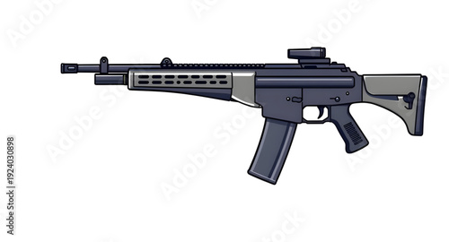 assault, gun, rifle, weapon, firearm, cartoon, illustration, isolated, white, military, army, combat, tactical, shooter, battle, defense, war, ammo, magazine, barrel, trigger, stock, sight, modern, au