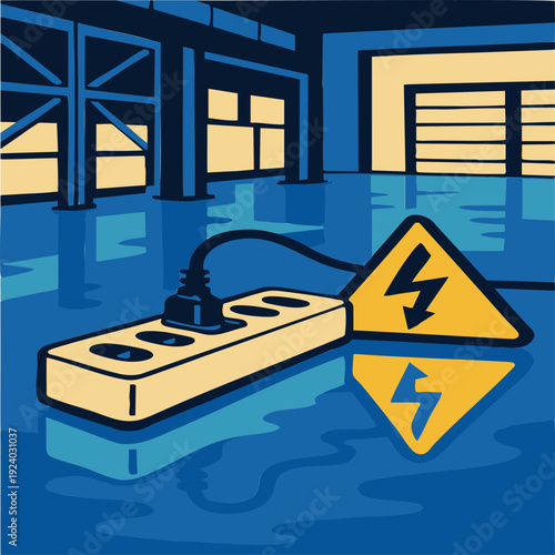 Power strip on wet floor with electrical hazard warning sign