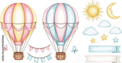 Pastel hot air balloons vector set with sun moon clouds stars and bunting banners for baby shower invitations and nursery room wall art.