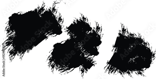 Three large textured black ink brush strokes with rough edges on a stark white canvas