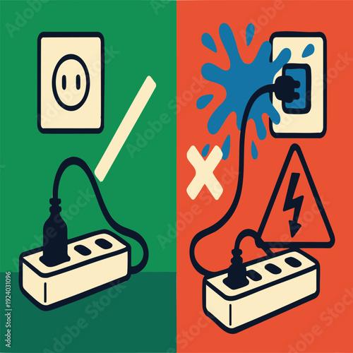 Safe versus unsafe electrical connection with warning sign