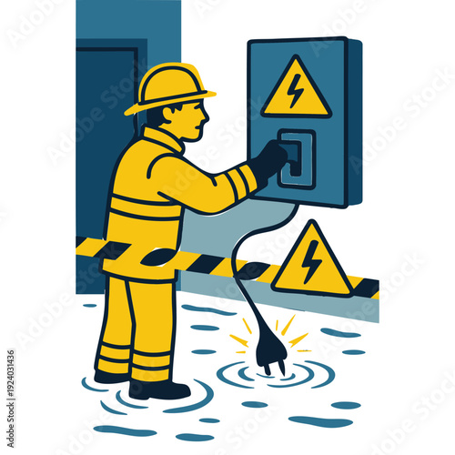 Electrician cutting power supply in flooded building