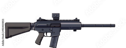weapon, assault, rifle, gun, firearm, cartoon, illustration, isolated, white, military, army, combat, tactical, shooter, battle, defense, war, ammo, magazine, barrel, trigger, stock, sight, modern, au