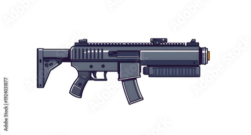 weapon, assault, rifle, gun, firearm, cartoon, illustration, isolated, white, military, army, combat, tactical, shooter, battle, defense, war, ammo, magazine, barrel, trigger, stock, sight, modern, au