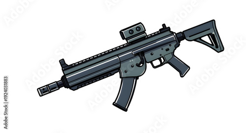 weapon, assault, rifle, gun, firearm, cartoon, illustration, isolated, white, military, army, combat, tactical, shooter, battle, defense, war, ammo, magazine, barrel, trigger, stock, sight, modern, au