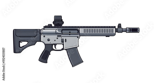 weapon, assault, rifle, gun, firearm, cartoon, illustration, isolated, white, military, army, combat, tactical, shooter, battle, defense, war, ammo, magazine, barrel, trigger, stock, sight, modern, au