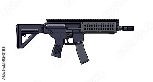 gun, rifle, assault, weapon, firearm, cartoon, illustration, isolated, white, military, combat, army, tactical, shooter, battle, defense, war, ammo, magazine, barrel, trigger, stock, sight, modern, au