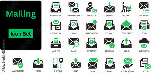 Silhouette vector of Mailing icon set. Icons of mail, email, mailbox, letter, send, receive, post office and envelope. Solid icons set.