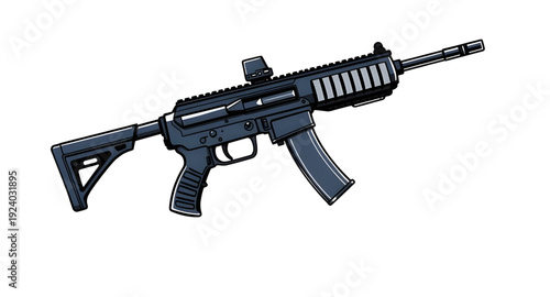 gun, rifle, assault, weapon, firearm, cartoon, illustration, isolated, white, military, combat, army, tactical, shooter, battle, defense, war, ammo, magazine, barrel, trigger, stock, sight, modern, au