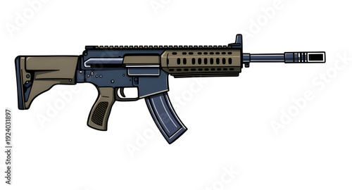 gun, rifle, assault, weapon, firearm, cartoon, illustration, isolated, white, military, combat, army, tactical, shooter, battle, defense, war, ammo, magazine, barrel, trigger, stock, sight, modern, au