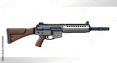 gun, rifle, assault, weapon, firearm, cartoon, illustration, isolated, white, military, combat, army, tactical, shooter, battle, defense, war, ammo, magazine, barrel, trigger, stock, sight, modern, au