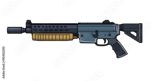 gun, rifle, assault, weapon, firearm, cartoon, illustration, isolated, white, military, combat, army, tactical, shooter, battle, defense, war, ammo, magazine, barrel, trigger, stock, sight, modern, au