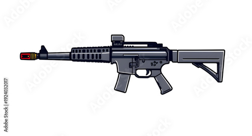 gun, rifle, assault, weapon, firearm, cartoon, illustration, isolated, white, military, combat, army, tactical, shooter, battle, defense, war, ammo, magazine, barrel, trigger, stock, sight, modern, au