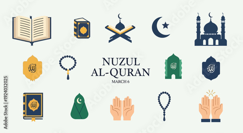 Nuzul Al-Quran celebration with Islamic symbols and prayer hands